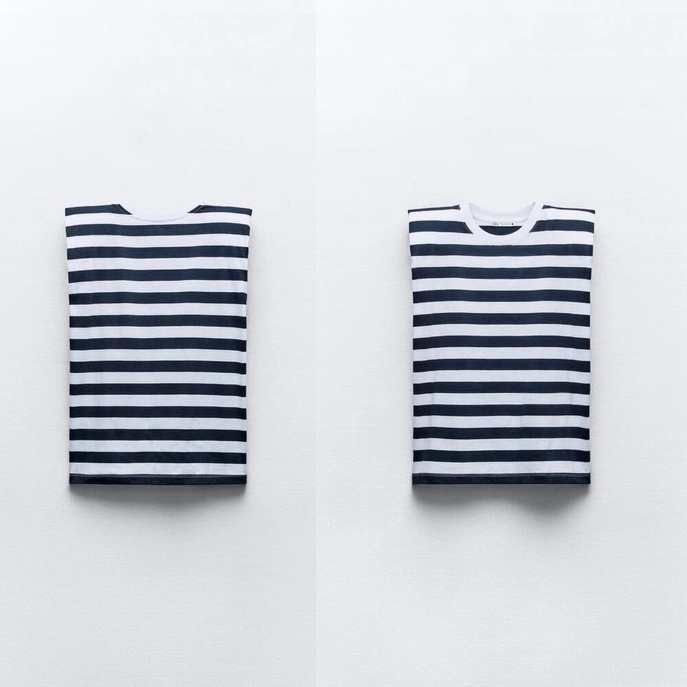 Zara Cotton Striped Shoulder Pad Top T-Shirt